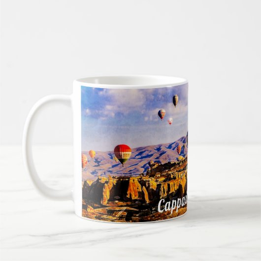 Vliegende kleurrijke luchtballonnen. Cappadocia, T Koffiemok (Links)