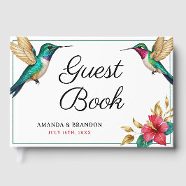 Vliegende kolibries rode tropische bloem bruiloft gastenboek