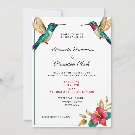 Vliegende kolibries rode tropische bloem bruiloft kaart (Voorkant)