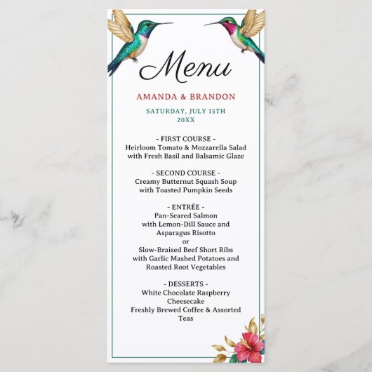 Vliegende kolibries rode tropische bloem bruiloft menu (Voorkant)