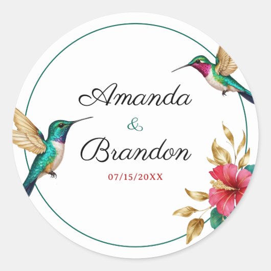 Vliegende kolibries rode tropische bloem bruiloft ronde sticker (Voorkant)