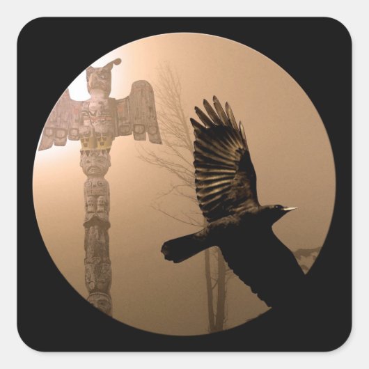 Vliegende Kraai Geest & Totem Pool Heilige Kunst Vierkante Sticker (Voorkant)