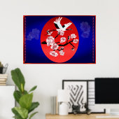 Vliegende kraan en zon (midderblauw achtergrond) poster (Thuiskantoor)