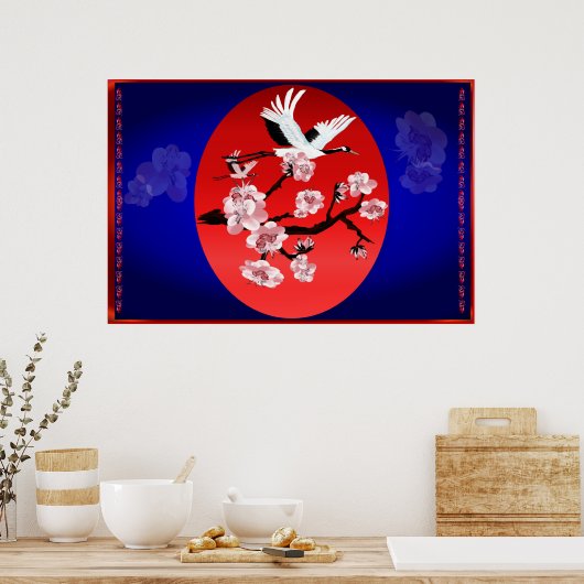 Vliegende kraan en zon (midderblauw achtergrond) poster (Keuken)