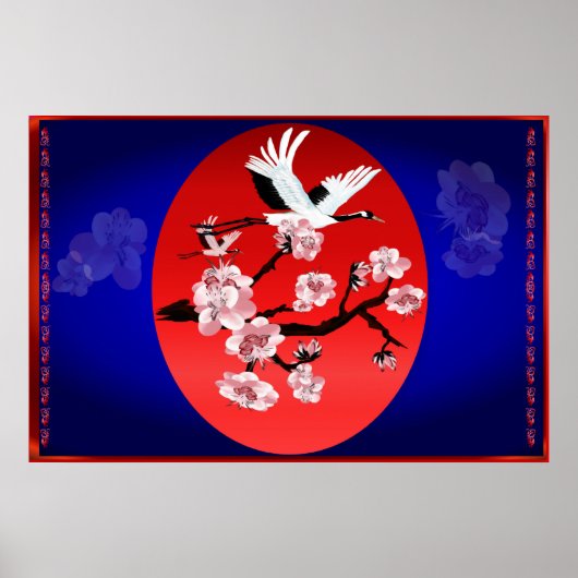 Vliegende kraan en zon (midderblauw achtergrond) poster (Voorkant)