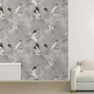 Vliegende kraan vogel grijs behang