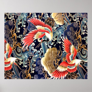 Vliegende kraanvogels,Golven,Lentebloemen Japanse  Poster