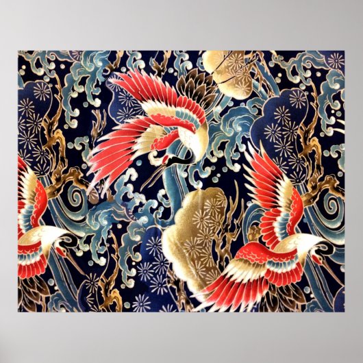 Vliegende kraanvogels,Golven,Lentebloemen Japanse Poster (Voorkant)