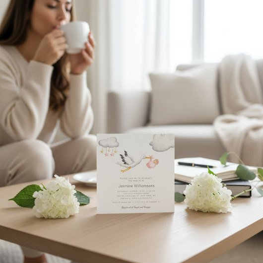 Vliegende Ooievaar Wolken Sterren Baby Shower Kaart