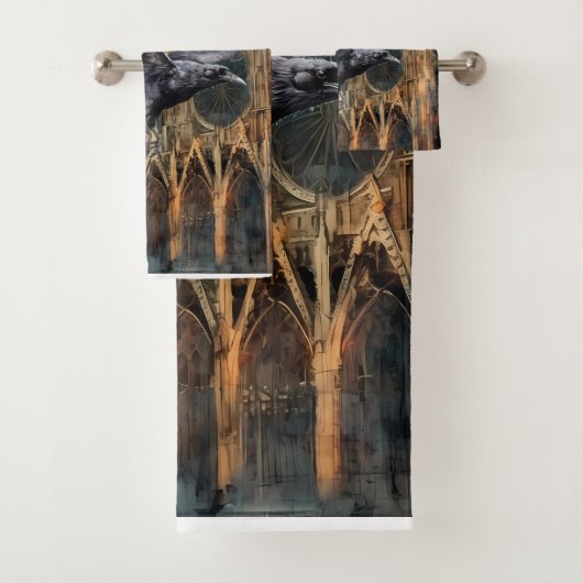 Vliegende raaf en middeleeuwse gotische kathedraal bad handdoek (Insitu)