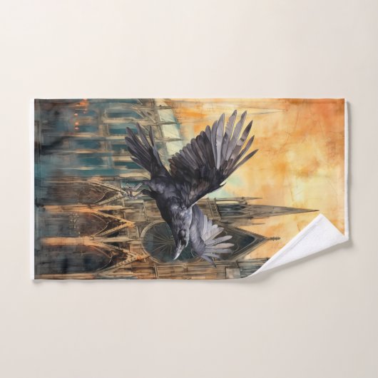 Vliegende raaf en middeleeuwse gotische kathedraal bad handdoek (Handdoek)