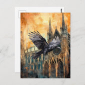 Vliegende raaf en middeleeuwse gotische kathedraal briefkaart (Voorkant / Achterkant)