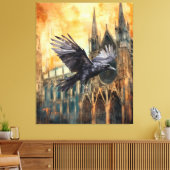 Vliegende raaf en middeleeuwse gotische kathedraal canvas afdruk (Insitu (Woonkamer))