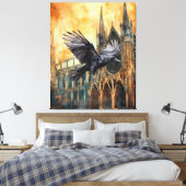 Vliegende raaf en middeleeuwse gotische kathedraal canvas afdruk (Insitu (Slaapkamer))