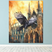 Vliegende raaf en middeleeuwse gotische kathedraal canvas afdruk (Insitu (Houten vloer))