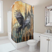Vliegende raaf en middeleeuwse gotische kathedraal douchegordijn (In situ)