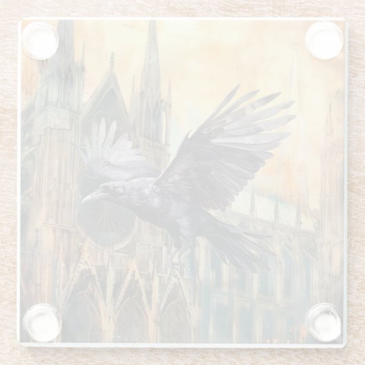 Vliegende raaf en middeleeuwse gotische kathedraal glazen onderzetter (Achterkant)