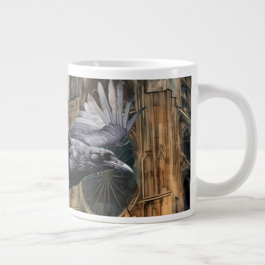 Vliegende raaf en middeleeuwse gotische kathedraal grote koffiekop (Rechts)
