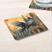 Vliegende raaf en middeleeuwse gotische kathedraal kartonnen onderzetters (Schuin)