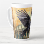 Vliegende raaf en middeleeuwse gotische kathedraal latte mok (Linkerhoek)