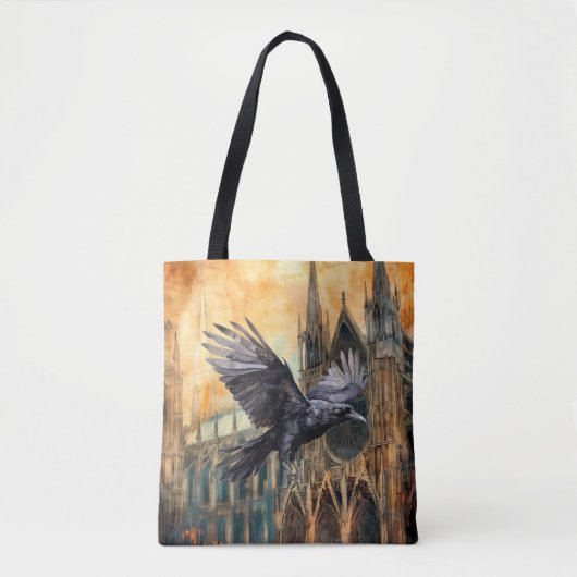 Vliegende raaf en middeleeuwse gotische kathedraal tote bag (Voorkant)