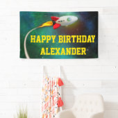 Vliegende Raket Ruimteschip Galaxy Kids Verjaardag Spandoek (Insitu)
