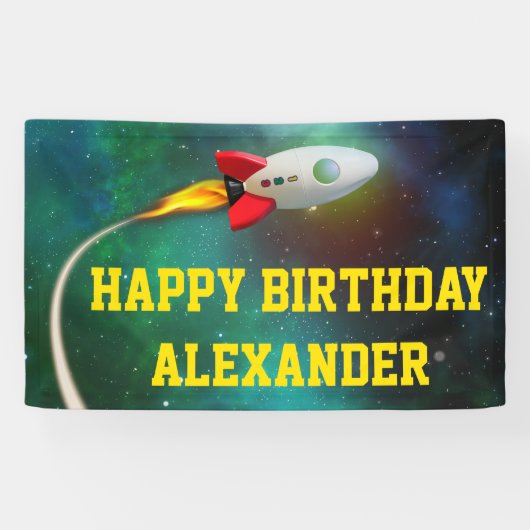 Vliegende Raket Ruimteschip Galaxy Kids Verjaardag Spandoek (Horizontaal)