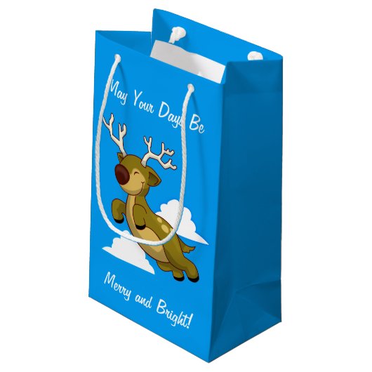 Vliegende rendierkliniek met prettige kerst klein cadeauzakje (Achterkant Gekanteld)