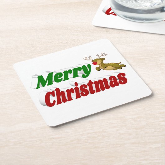 Vliegende rendiertypografie met vrolijk kerstfeest kartonnen onderzetters (Schuin)