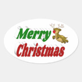 Vliegende rendiertypografie met vrolijk kerstfeest ovale sticker (Voorkant)
