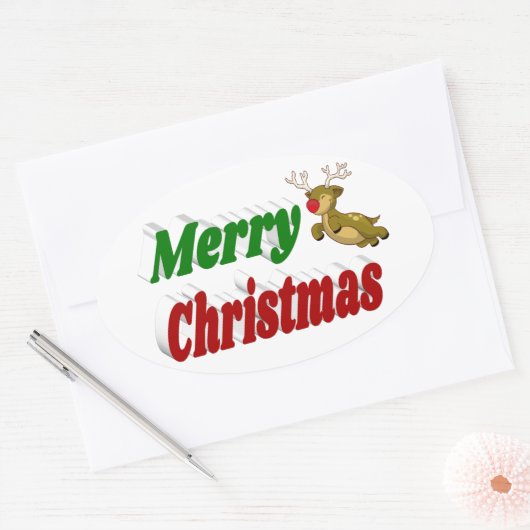 Vliegende rendiertypografie met vrolijk kerstfeest ovale sticker (Envelop)