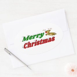 Vliegende rendiertypografie met vrolijk kerstfeest ovale sticker