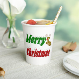 Vliegende rendiertypografie met vrolijk kerstfeest papieren bekers