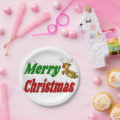 Vliegende rendiertypografie met vrolijk kerstfeest papieren bordje (Feest)