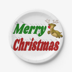 Vliegende rendiertypografie met vrolijk kerstfeest papieren bordje