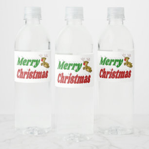 Vliegende rendiertypografie met vrolijk kerstfeest waterfles etiket