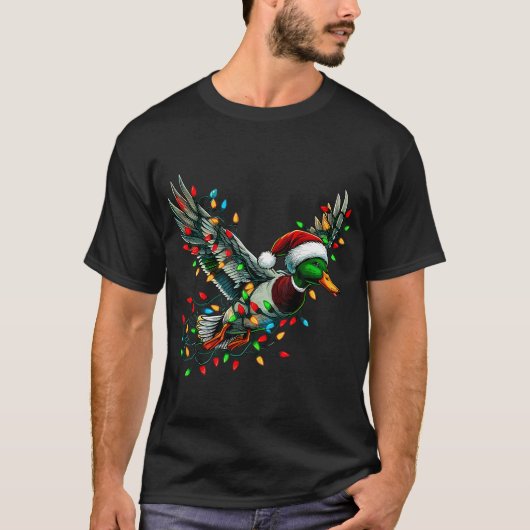 Vliegende Santa Duck met kerstverlichting op jacht T-shirt (Voorkant)