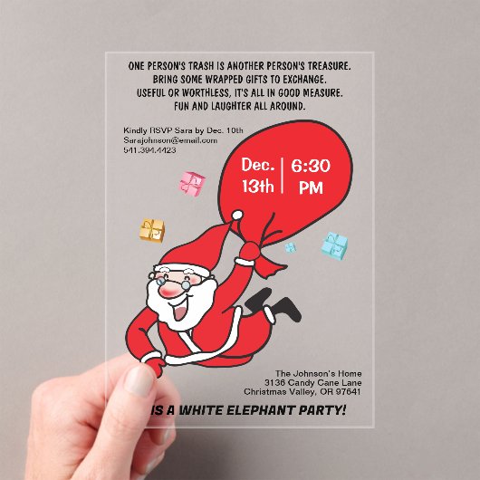 Vliegende Santa Red Bag White Elephant Party Acryl Uitnodigingen (Insitu (Draagbaar))