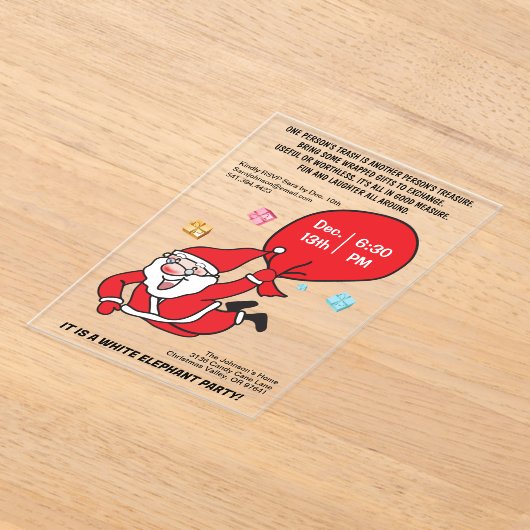 Vliegende Santa Red Bag White Elephant Party Acryl Uitnodigingen (Laagn)