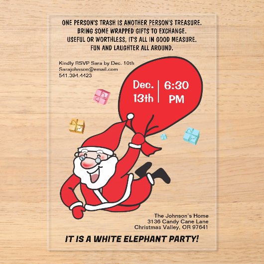 Vliegende Santa Red Bag White Elephant Party Acryl Uitnodigingen (Voorkant)