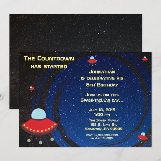 Vliegende Saucer Counterdown Birthday Invitation Kaart (Voorkant / Achterkant)