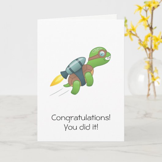 Vliegende Schildpad met een Jetpack Gefeliciteerd  Kaart (Gele Bloem)