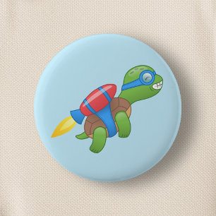 Vliegende Schildpad met een Rode Jetpack Blauw Ronde Button 5,7 Cm