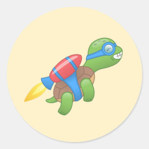 Vliegende Schildpad met een Rode Jetpack Geel Ronde Sticker