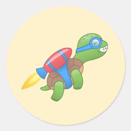 Vliegende Schildpad met een Rode Jetpack Geel Ronde Sticker (Voorkant)