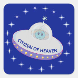 Vliegende schotel, alien en sterren op koningsblau vierkante sticker