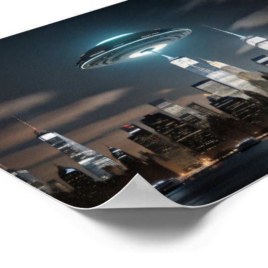 Vliegende schotel over stad poster (Hoek)