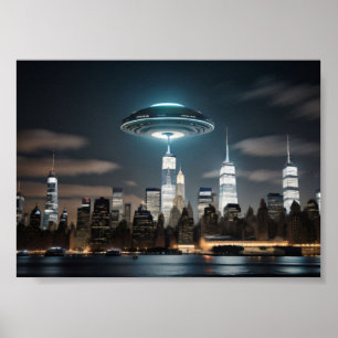 Vliegende schotel over stad poster