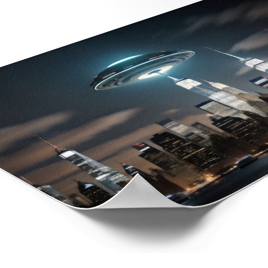 Vliegende schotel over stad poster (Hoek)