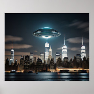 Vliegende schotel over stad poster